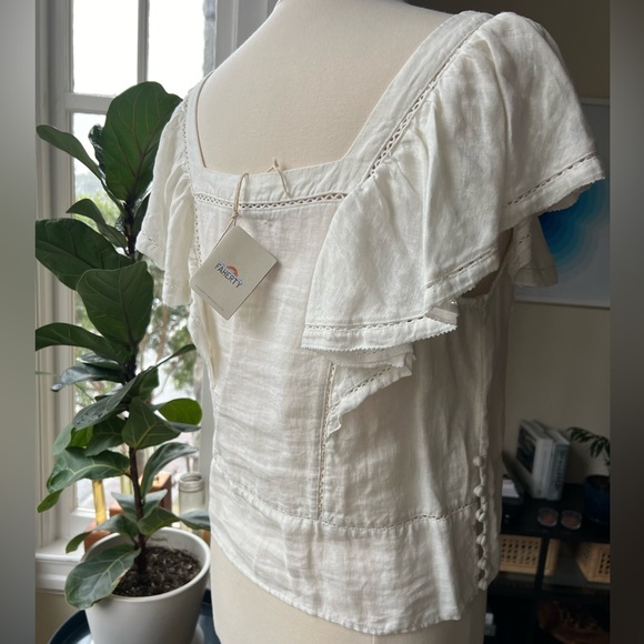 NWT Faherty "Mariposa" white linen frill short sleeve - size M - Picture 2 of 8